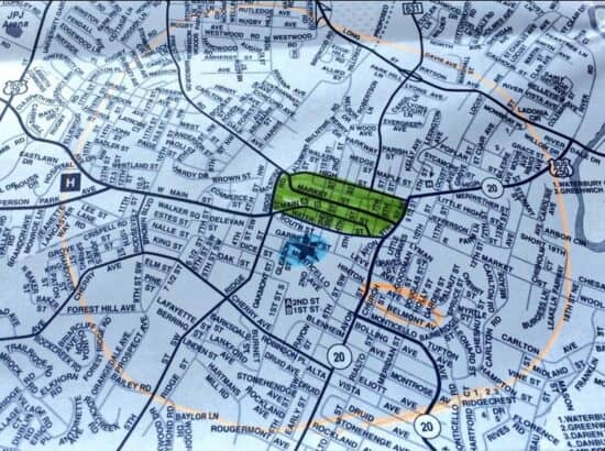 Map of Charlottesville and downtown mall in green