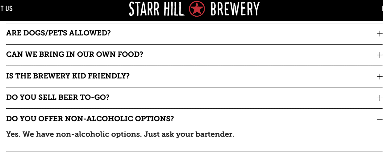 Starr Hill Brewery - FAQ - specifically "do you offer non-alcoholic options" and the answer is yes