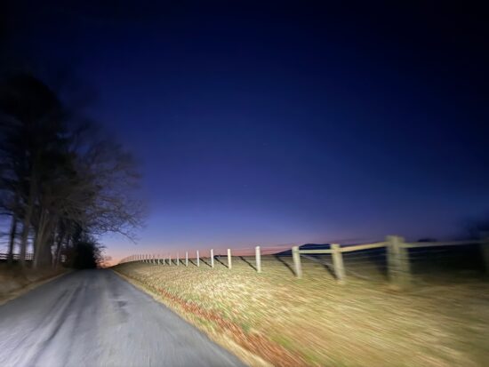 trees, pavement, illuminated fence, sunrise on the horizon