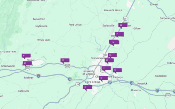 map showing the 15 pending listings that meet the above criteria - spread all over Albemarle County