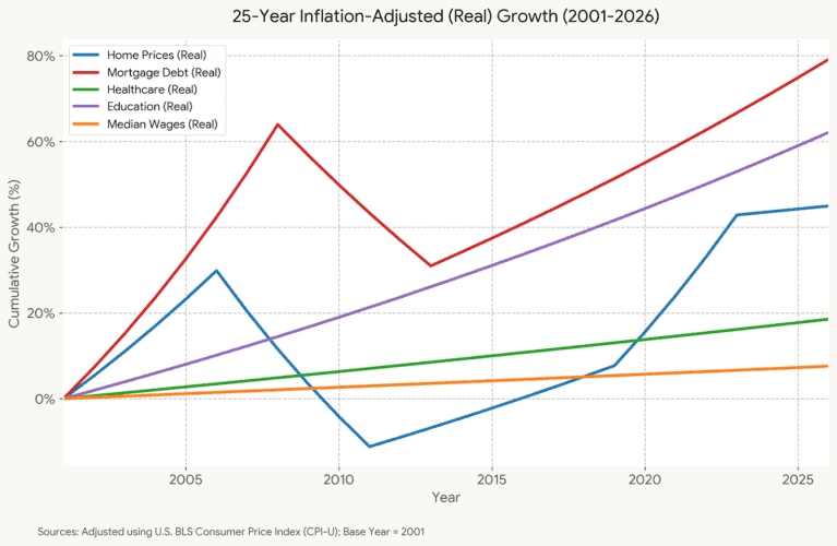 This chart factors out standard inflation (using the Consumer Price Index) to show the real cost increases. Even when adjusting for the general loss of purchasing power, mortgage debt, education, and home prices have experienced immense real-world appreciation.
