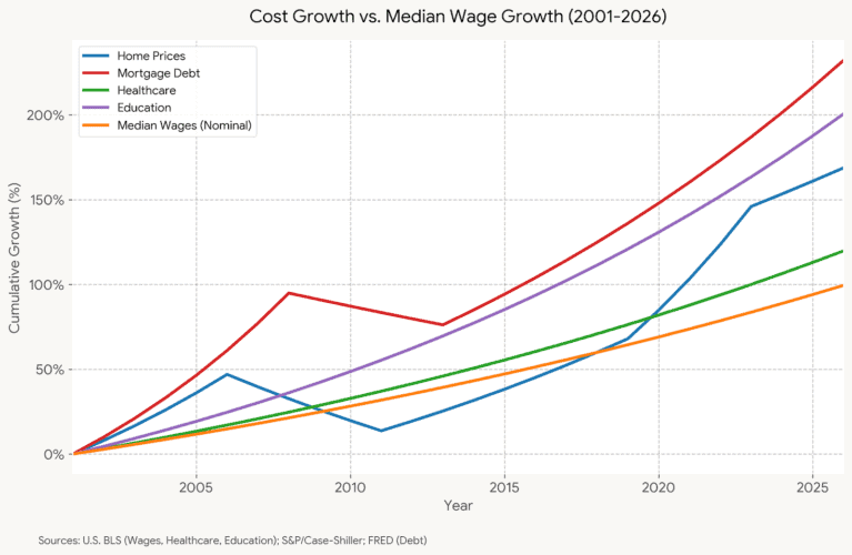 This chart adds nominal median wage growth as a baseline, illustrating how the cost of major life expenses (like a home or a college degree) and the debt needed to acquire them have outpaced typical earnings.